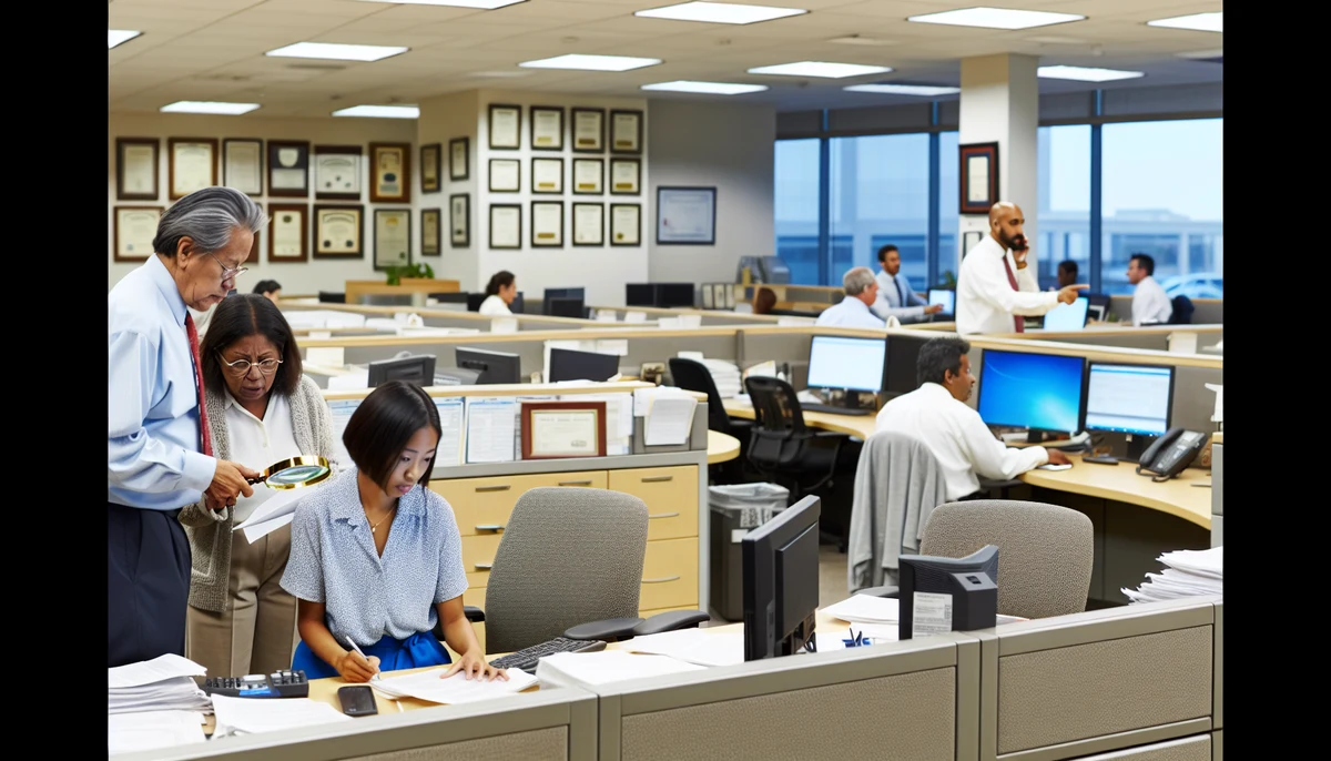 Title company office interior with professionals at work