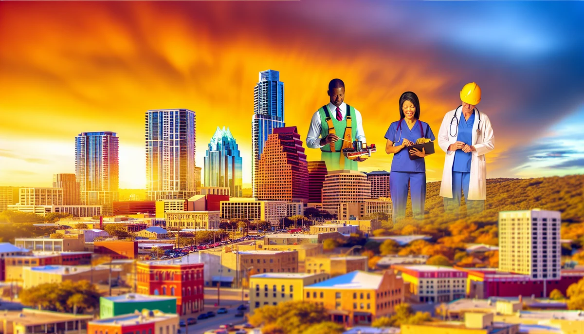 Busy cityscape in Texas with thriving economy and employment opportunities