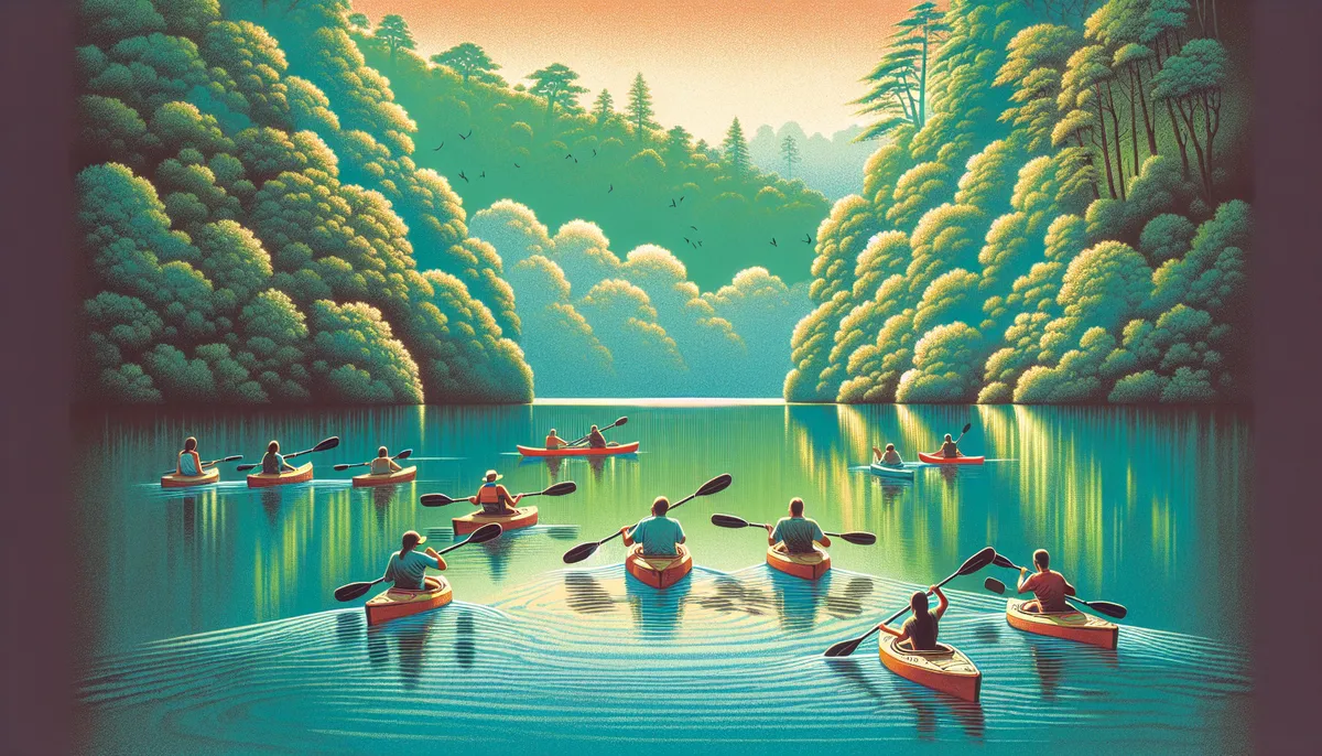 Kayakers enjoying the serene waters of Lake Austin with lush greenery in the background