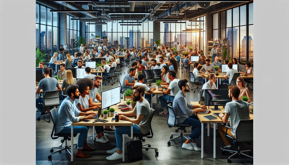 Tech industry office interior with modern workspace and employees. Moving to Austin for job opportunities.