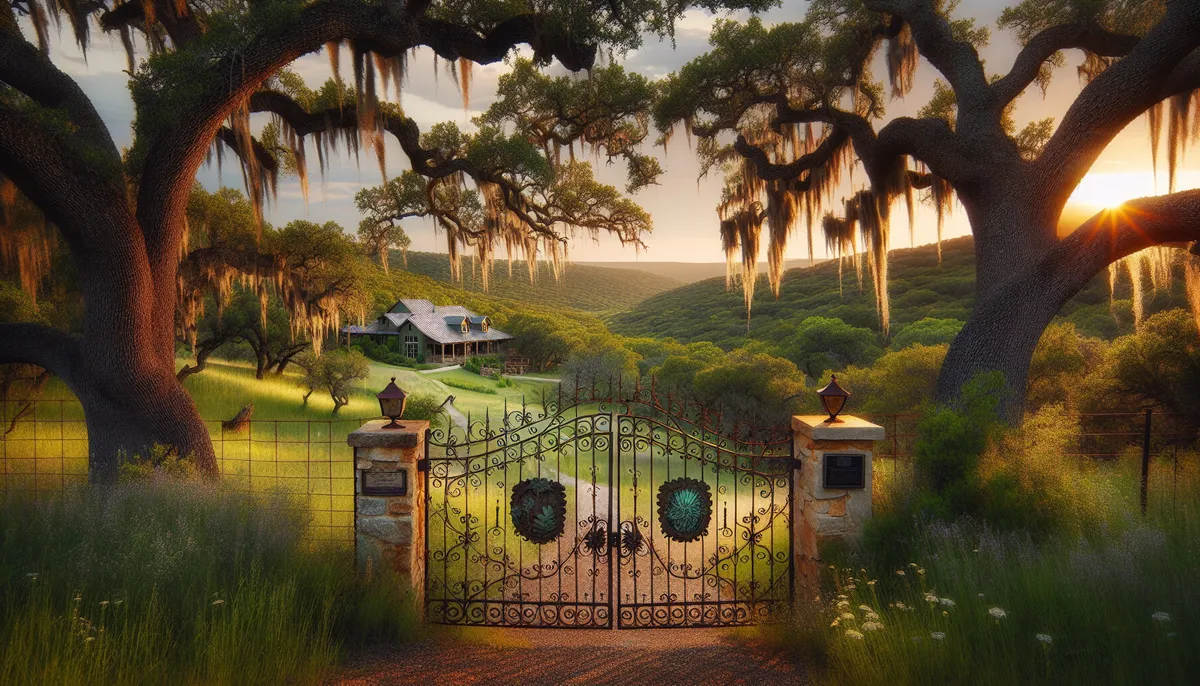 Tranquil Texas Hill Country landscape with gated community entrance