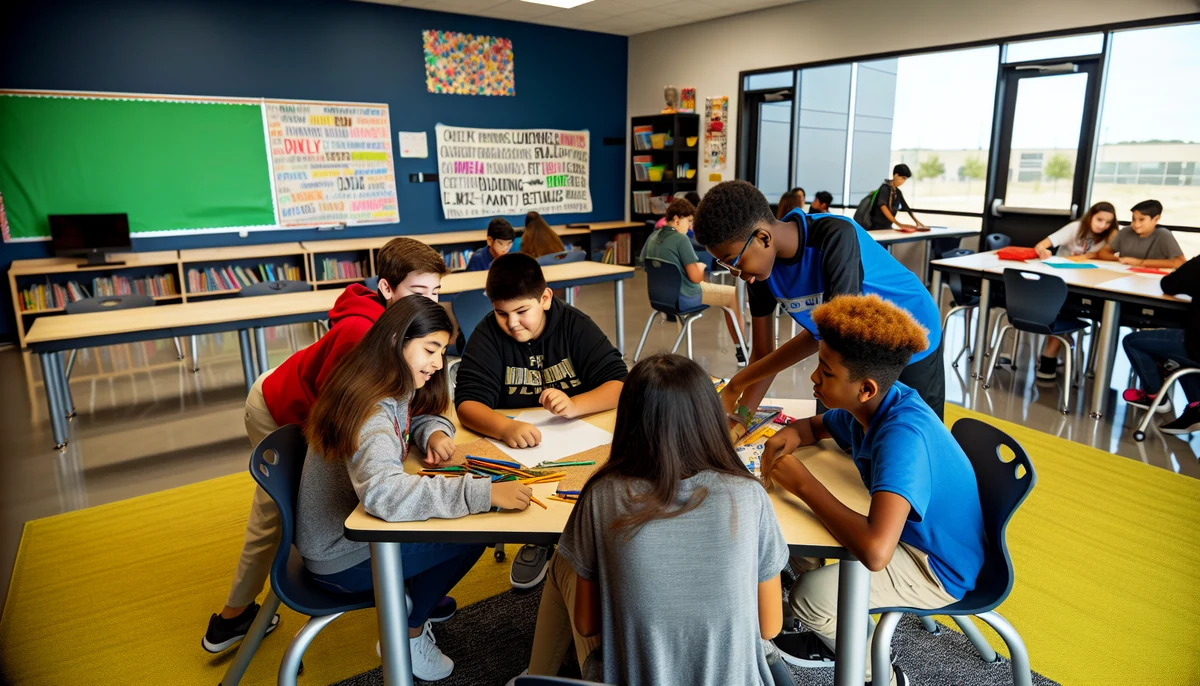 Middle school students collaborating on a project in Bastrop, fostering critical thinking