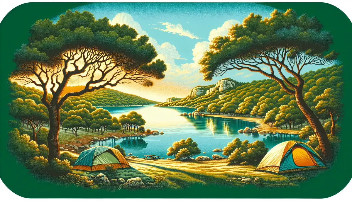 Scenic view of Inks Lake State Park with crystal-clear waters and lush greenery, perfect for camping