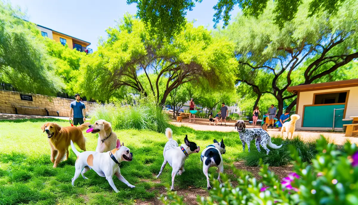 Diverse group of dogs playing in a park