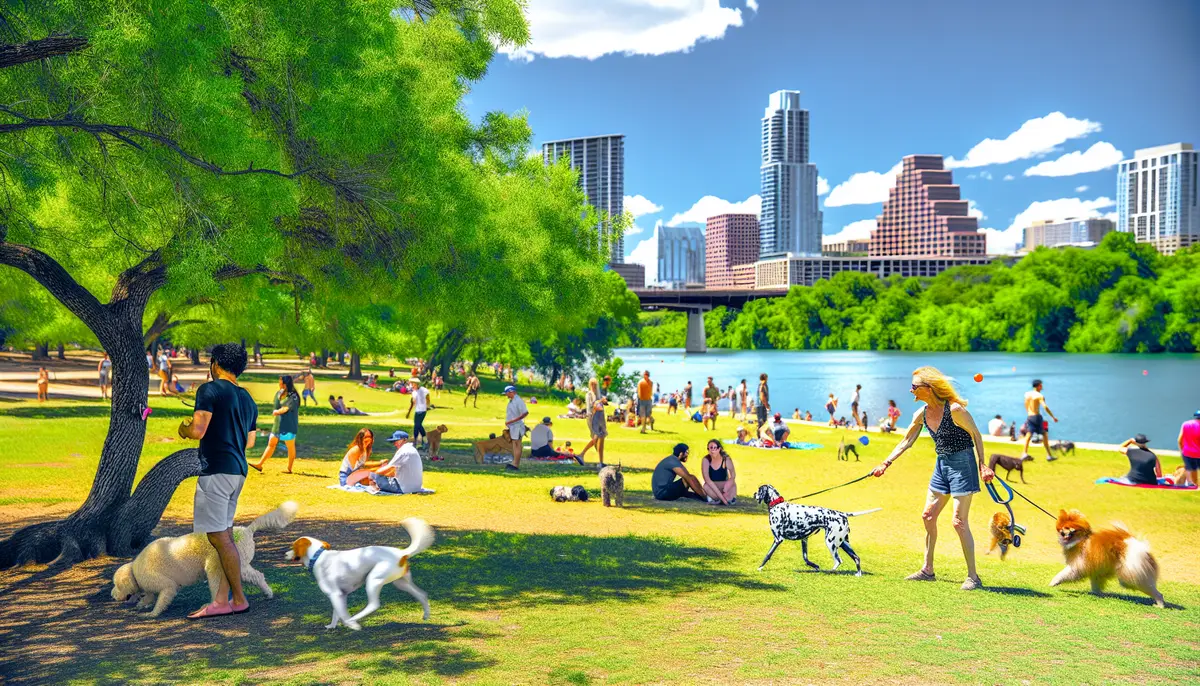 Lively atmosphere at Auditorium Shores with pets and owners enjoying outdoor activities