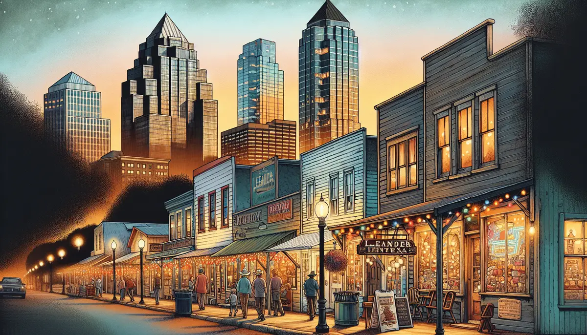 A charming street in Leander, Texas with a blend of small town and big city vibes